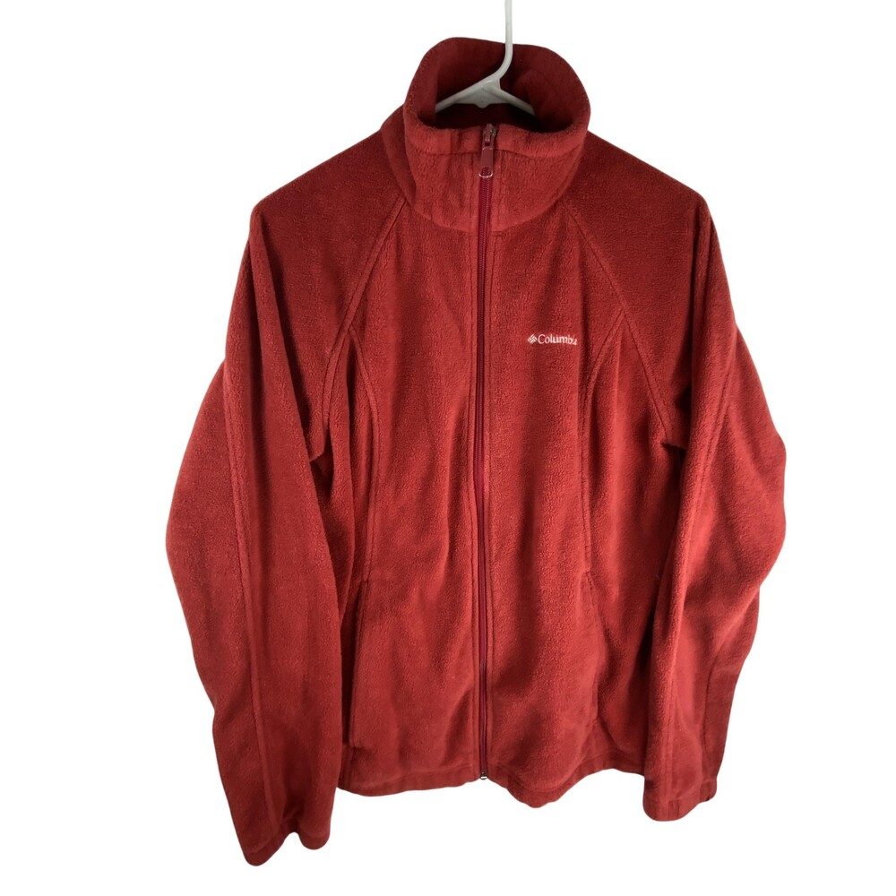 Columbia Fleece Jacket Womens Large Red Full Zip Pockets Stand Collar Outdoor